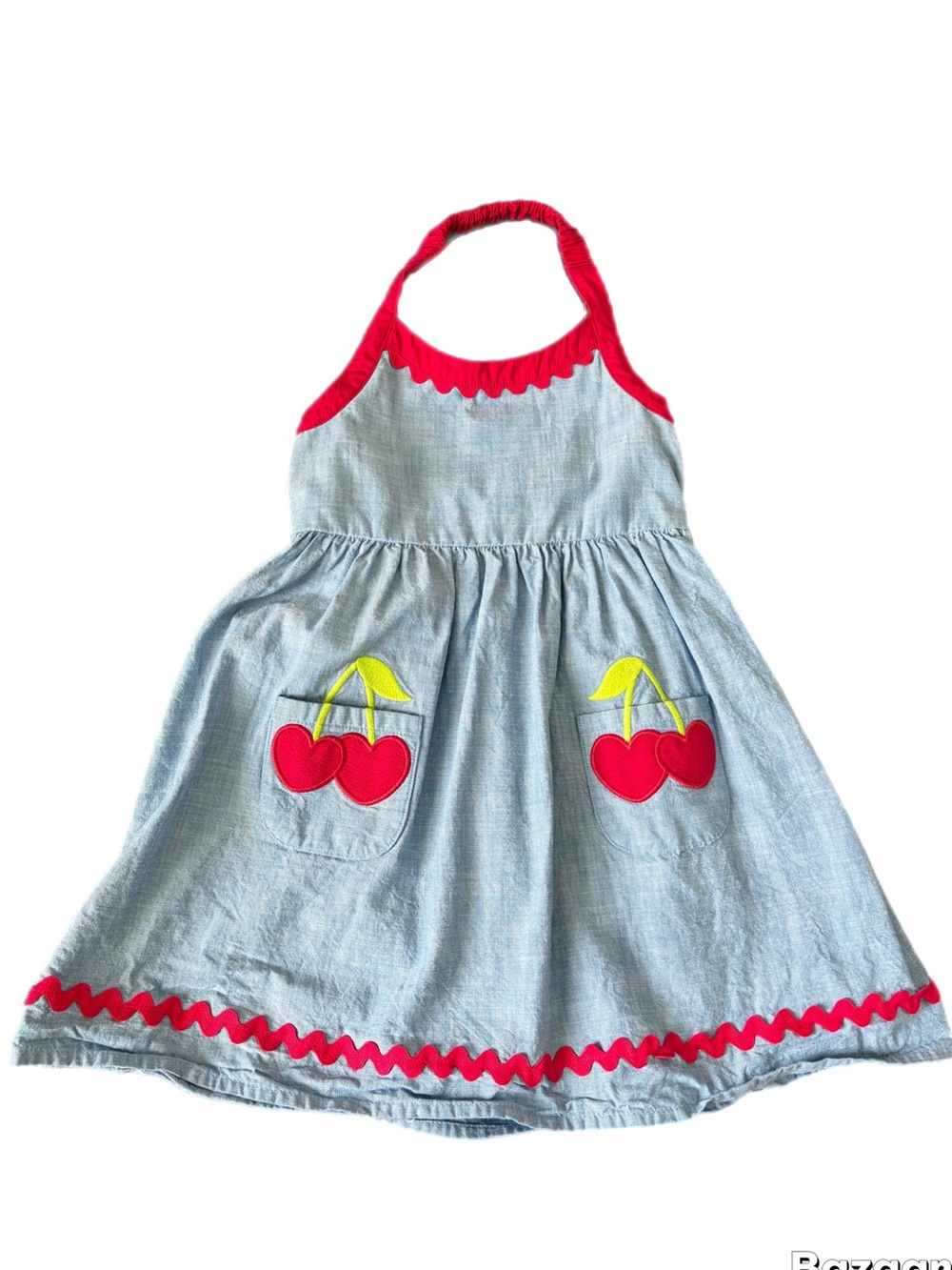 Gymboree Toddler Girl Denim Halter Dress with red trim and cherry pockets .